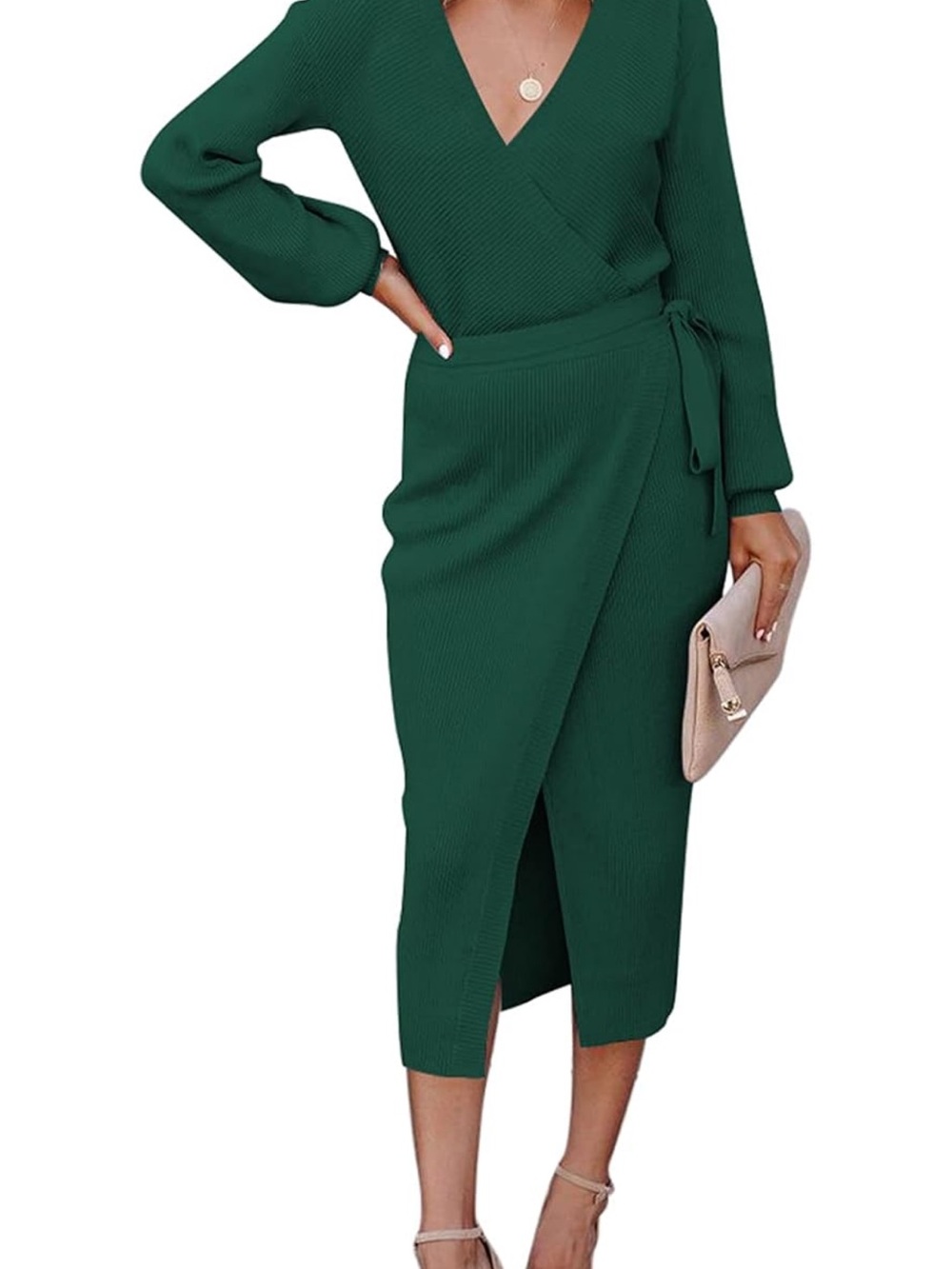 Green Wrap Midi Dress with Long Sleeves